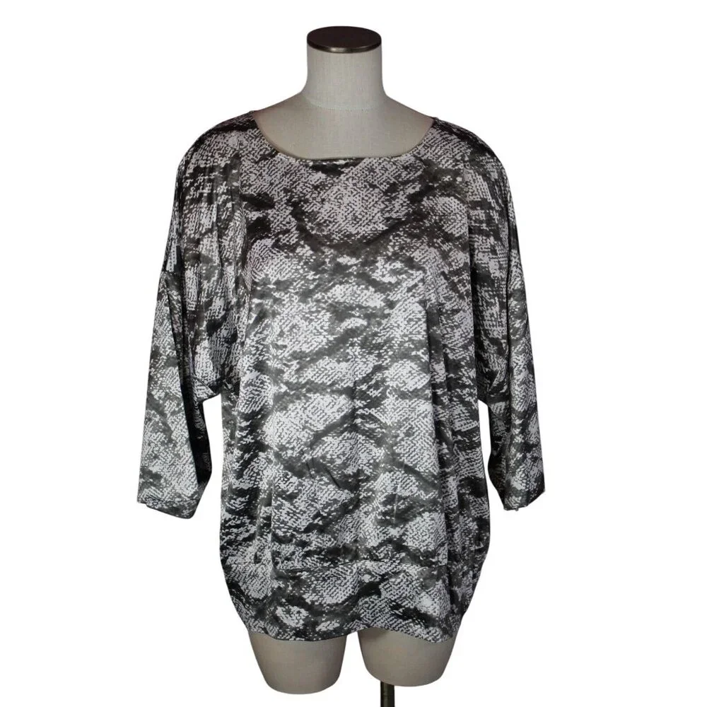 Chicos Womens Blouse Animal Print Silky Brown & White Wide Sleeve 3 XL 16/18 - Picture 1 of 9